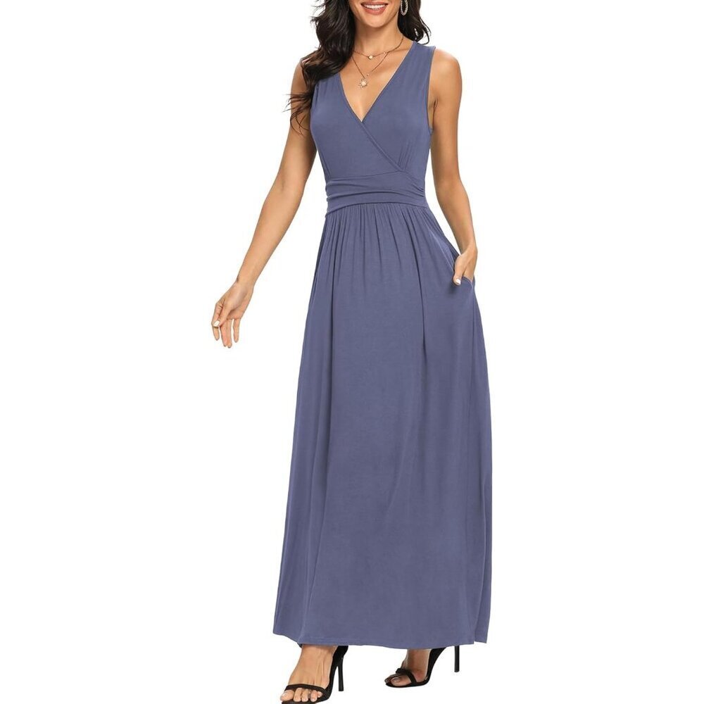 Women Purple Grey Deep V Neck Sleeveless Loose Plain Long Maxi Stretchy Dress - Picture 4 of 6